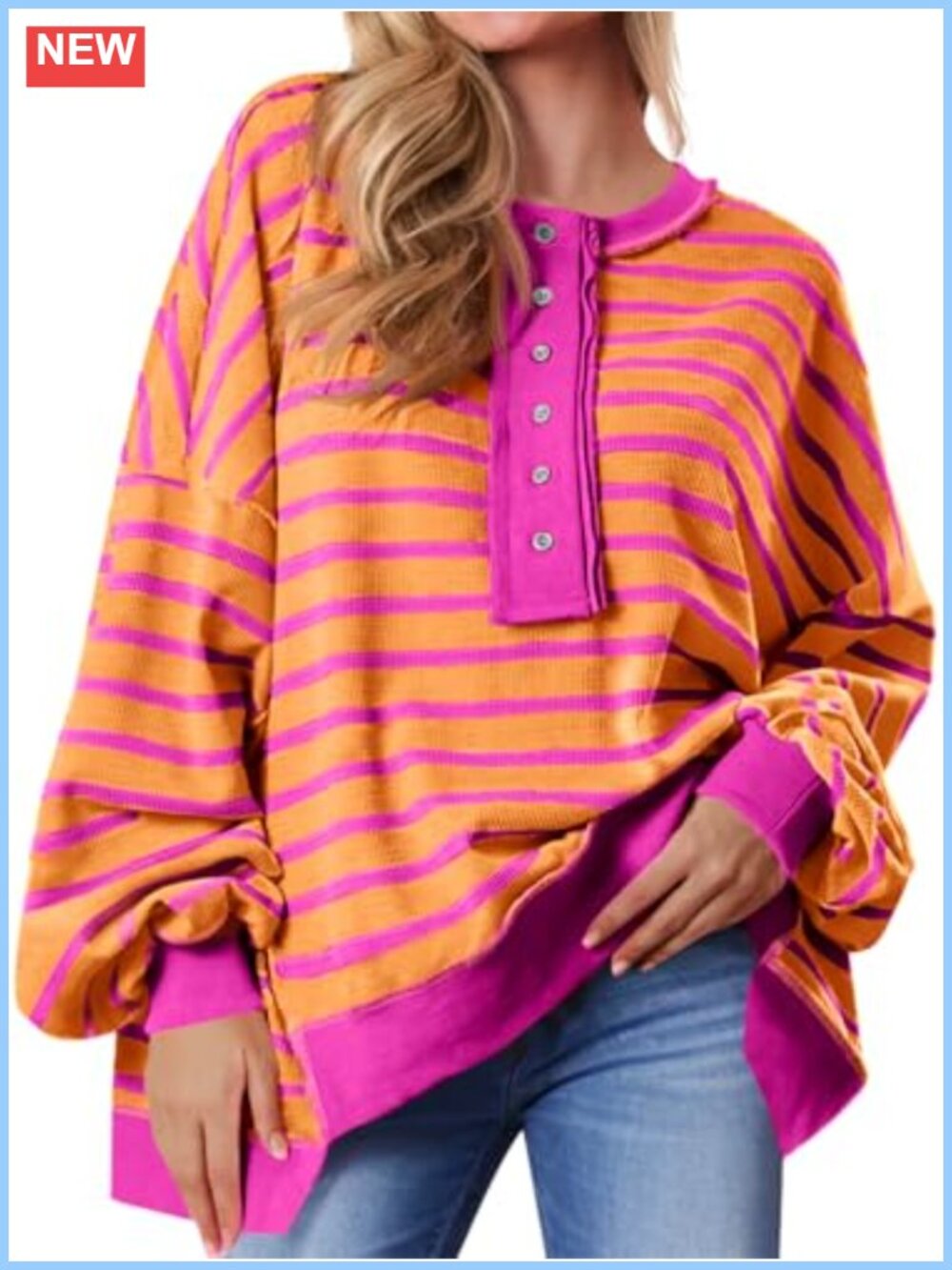 Women's Oversized Striped Henley Sweatshirt Waffle Knit Pullover Fall